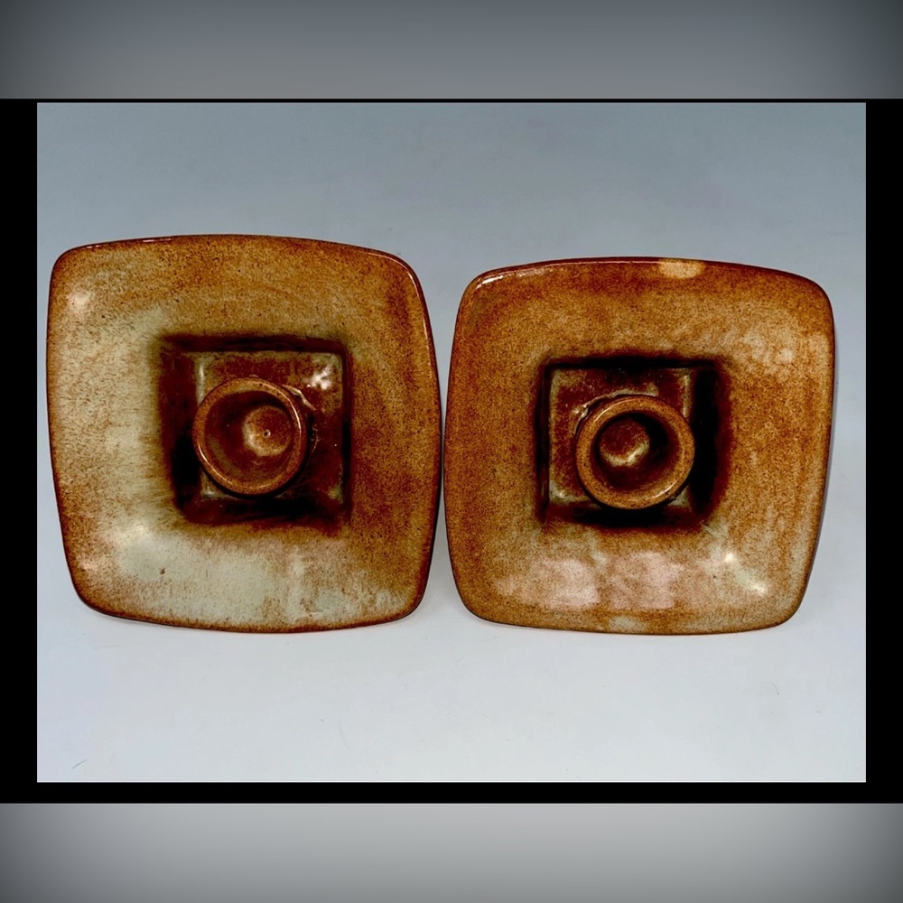 Vintage Pottery Square Tapered Candle Holder Brown Set of Two Decor
